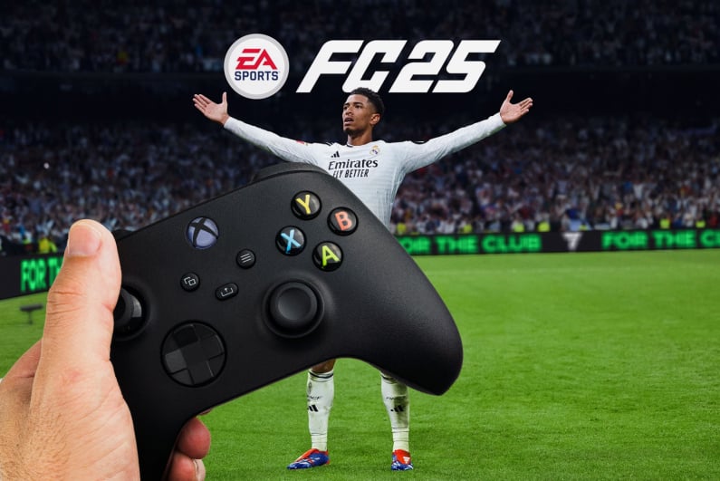 Gamer holding controller with FC 25 in background